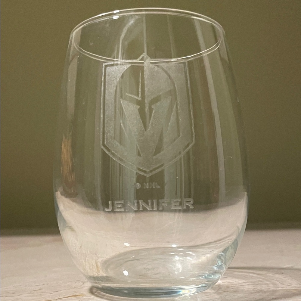 Vegas Golden Knights Engraved with name “Jennifer” Clear Stemless Wine Glass